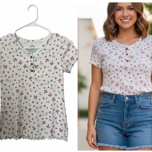 Y2k cottagecore lettuce edge Floral Ribbed babydoll shirt - youth L Adult XS S